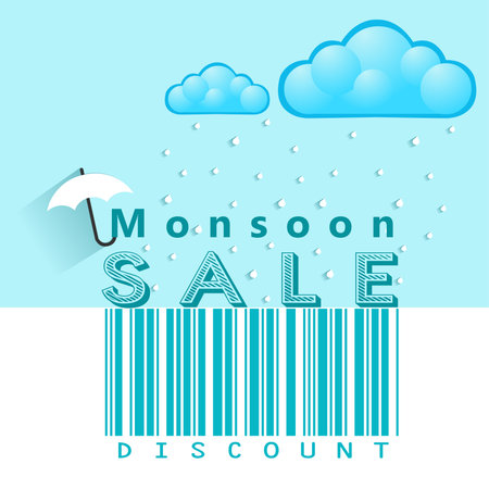 Monsoon offer and sale banner, flyer or poster with rain and open umbrella conceptのイラスト素材