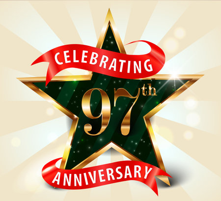 97 year anniversary celebration golden star ribbon, celebrating 97th anniversary decorative golden invitation card - vector eps10のイラスト素材