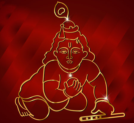 Little Krishna with flute,hindu god krishna artwork on red satin background vectorのイラスト素材