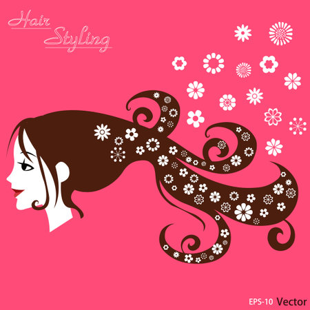 Background with beautiful girl silhouette, Woman hair with flowers - vector eps10のイラスト素材