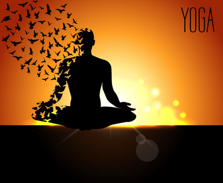 yoga day, silhouettes in the yoga poses on a early morning background, world yoga day, design templates for spa center or yoga studio - vector eps10のイラスト素材