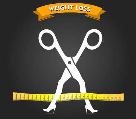 Weight loss icon, Weight Loss scissor with keep walking concept flat color design,measuring tape fitnessのイラスト素材