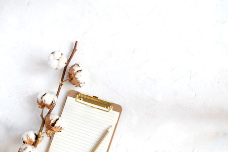 Home office concept - workspace mockup, clipboard with blank paper, cotton branch, white background....