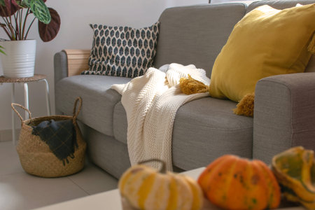 Scandinavian autumn inspired home decor - Cozy Living room, Sofa Cushion Knitted plaid, evergreen...