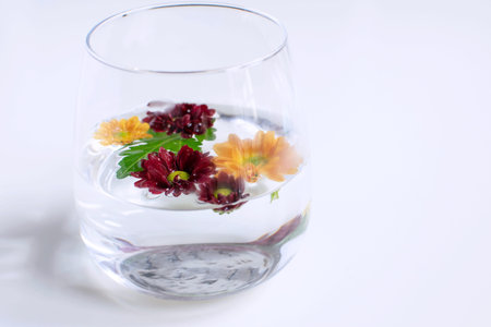 Spa salon decoration, aromatherapy - Moms flowers floating in transparent glass of water, copy...