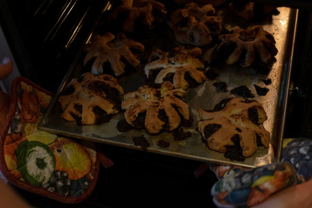 Fresh baked homemade traditional russian sweet buns with poppy seeds, close-up, selective focus