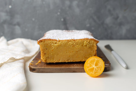 Orange cake on wooden cutting board, knife - homemade bakery