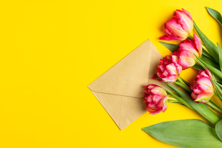 Valentines Womens mothers day concept 8 March Spring, lifestyle blog - pink tulips, craft envelope on yellow background, copy space, top viewの写真素材