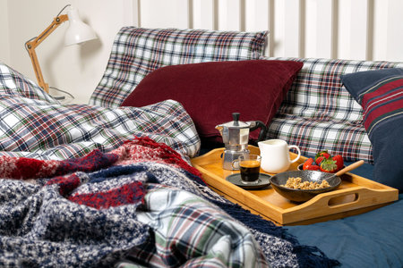 Valentines womens mother day, cozy morning - breakfast in bed, wooden tray with tulips,espresso...