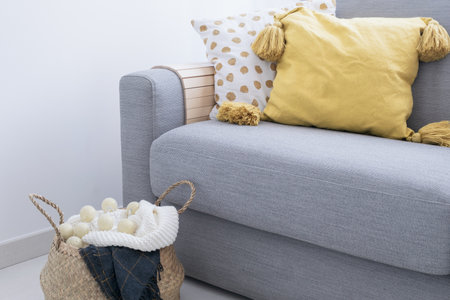 Home interior Cozy Living room Sofa Cushion with tassels Straw basket Knitted plaid evergreen plant Room decor Scandinavian styleの写真素材