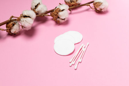 Beauty skincare minimal concept - cotton pads and cotton swabs with dry cotton branch on pink background, copy spaceの写真素材