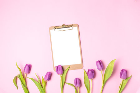 Womens mothers day concept Spring flowers, lifestyle blog mockup - yellow and violet tulips, clipboard with blank paper, on pink background, copy space, top viewの写真素材