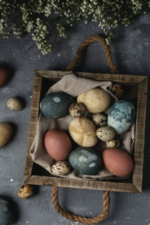 Spring easter minimal rustic style concept - organic naturally dyed easter eggs, qual eggs, curcuma,...