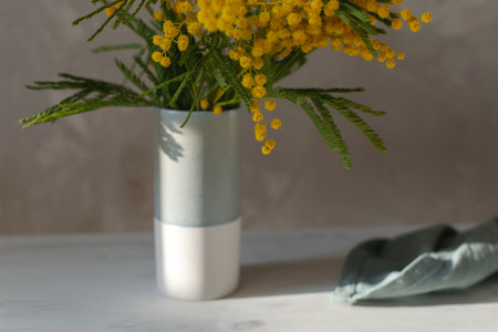 Spring flower background, mimosa flower on gray background, copy space, symbol of 8 March, happy women's day, hard natural sun light, deep shadowsの写真素材