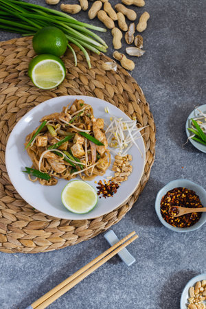 Traditional thai food - stir fried pad thai noodles, top viewの写真素材