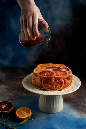 Female hand pouring syrup on upside down blood oranges, home cooking