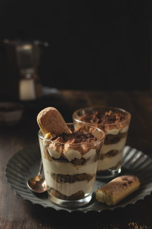 Traditional italian homemade tiramisu with mascarpone, cocoa powder and coffee