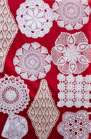 handmade crochet decorative pieces waiting for saleの写真素材