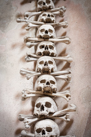 Close-up of skulls and bones decorating the interior of the Sedlec ossuary (Kutna Hora, Czech...