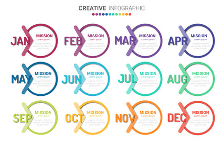 Timeline for 1 year, 12 months, infographics all month planner design and Presentation business can be used for Business concept with 12 options, steps or processes.のイラスト素材