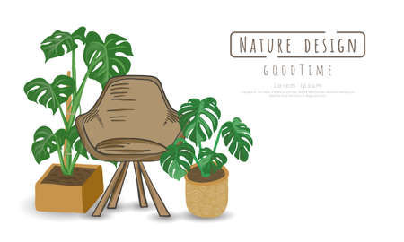 Potted plants and chairs wood on white background, isolated objects,  message area, Hand drawn, Vector drawn illustrations.のイラスト素材