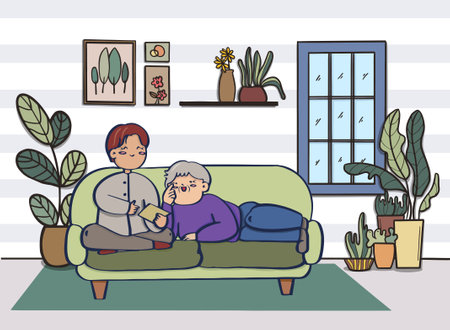 Love couple doing various activities on sofa indoors, Flat design.のイラスト素材