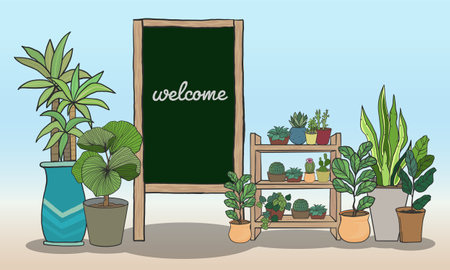 Potted plants Set with Black board for writing messages, Potted plants Hand drawing style. Cartoon vector illustration.のイラスト素材