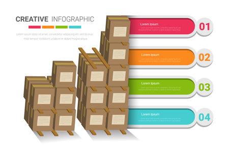Box in Warehouse Infographics for logistic. Ready template for workflow layout, banner, number options, step up options, web design, diagram. illustration in flat Stanleyのイラスト素材