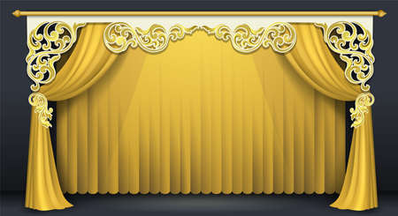 Stage podium or product stand on Yellow velvet curtain background with luxury and elegant fashion concept. Template of creative product shelf for love and passion product presentation.の写真素材