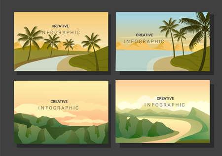 Set of landscape Catalog, mountains lake wall art poster design, Hiking adventure background. Vector illustrationのイラスト素材