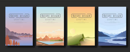 Set of landscape Catalog, mountains lake wall art poster design, Hiking adventure background. Vector illustrationのイラスト素材