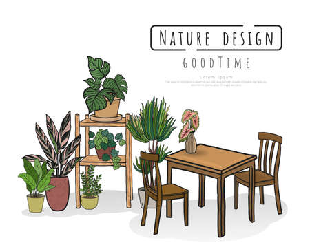 Potted plants Set and Minimalist interior furniture of sofa with dressing table. hand drawn vector doodle illustration interior minimalist design.のイラスト素材
