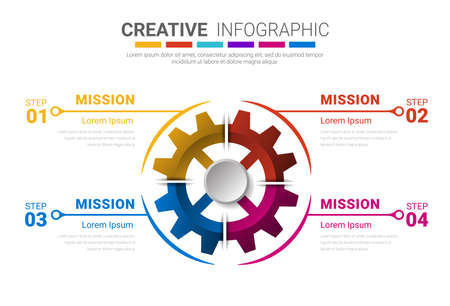 Gear infographics for presentation 4 steps. Cogwheel transmission connecting mechanical, Engineering tech progress business presentation start-up vector concept. Cogwheel connection banner, EPS 10.のイラスト素材