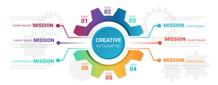 Gear infographics for presentation 6 steps. Cogwheel transmission connecting mechanical, Engineering tech progress business presentation start-up vector concept. Cogwheel connection banner, EPS 10.のイラスト素材