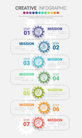 Gears cogwheels 7 steps for Infographic template, Engineering tech progress business presentation, processes, parts, options. Vector illustration.のイラスト素材