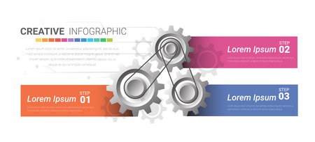 Engineering tech progress business presentation 3 steps. Cogwheel connection banner, gear infographic illustration.のイラスト素材