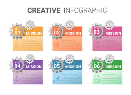 Engineering tech progress business presentation 6 steps. Cogwheel connection banner, gear infographic illustration.のイラスト素材