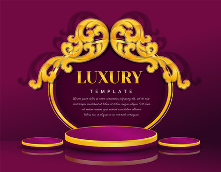 Stage podium or product stand on red velvet curtain background with luxury and elegant fashion concept. Template of creative product shelf for love and passion product presentation.のイラスト素材