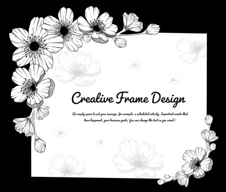 Vintage floral frame, Japanese blossom Sakura and with place for text. Outline hand drawn. wedding invitations, floral greeting cards. Black and white stencil flowers isolated. Vector EPS.のイラスト素材