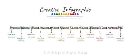 Timeline hand drawn  for 1 year, 12 months, infographics all month planner design and Presentation business can be used for workflow layout, process diagram, flow chart. Doodle infographic vector.のイラスト素材
