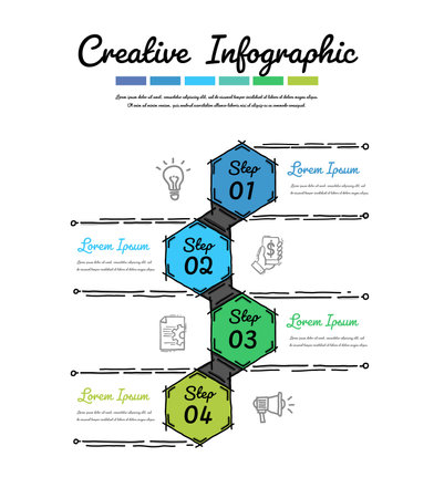 Infographics hand drawn with 4 labels, Can be used for workflow layout, diagram, business step options, banner, and web design. Doodle infographic vector.のイラスト素材