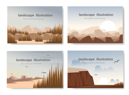Set of landscape illustration, mountains and lakes flat style, Beautiful Natural wallpapers, vector illustration.のイラスト素材