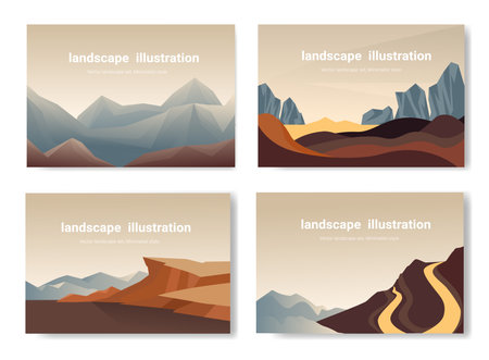 landscape illustration set, Beautiful natural design with mountains and lakes, Vector Natural banners, Minimalist style.のイラスト素材