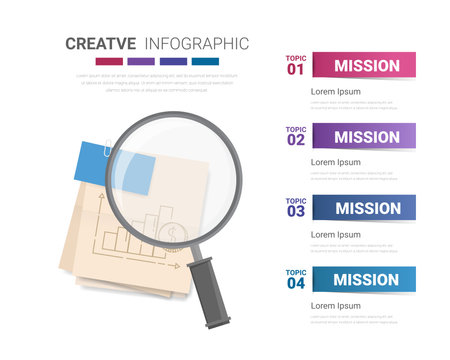 Infographic With Magnifying Glass for Global Business And Financial Analysis of the central element with 4 steps, options, parts, processes. Colorful vector template for presentation and training.のイラスト素材