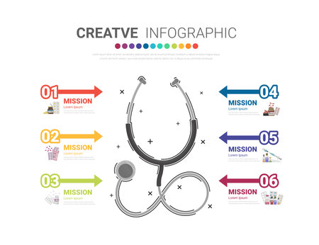 Stethoscope infographic template with 6 options, vector infographics design and Presentation can be used for presentation properties, medical properties, Healthy life concept. EPS Vector.のイラスト素材