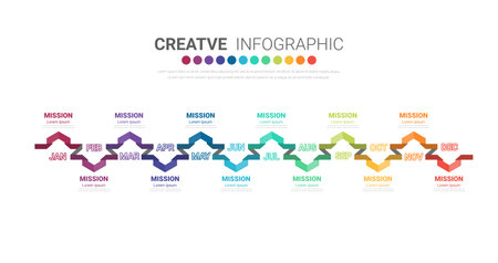 Presentation business infographic template, Timeline for 12 months, 1 year, can be used for workflow, process diagram, flow chart, EPS vector.のイラスト素材