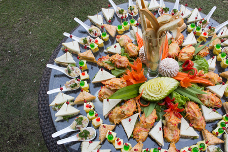 Delicious appetizer on the glass tableの写真素材