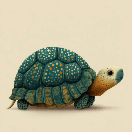 A cute turtle, rendered in a stylized illustration.  The turtle's shell is teal, speckled with gold and light orange spots. The turtle's skin is a light beige. The background is a pale cream color. The image has a gentle, calm atmosphere.の素材