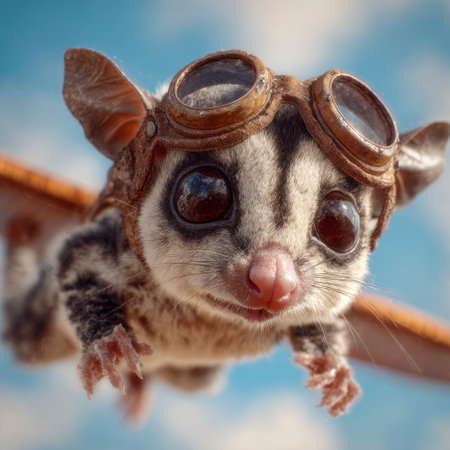Close-up view of a sugar glider, styled with aviator goggles and vintage-inspired wings, in flight against a light blue sky. The animal is depicted with a soft, fluffy texture, and detailed eyes. The lighting suggests a bright outdoor day.の素材