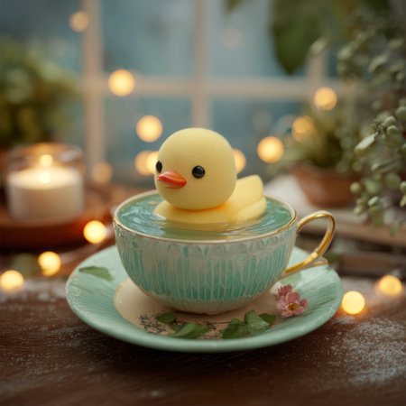 A yellow duck figurine floats in a teal colored teacup filled with water.  The image is softly lit, with warm, ambient light.  The style is whimsical and artistic, likely for use in publications or products centered around children, education, or design.  The setting appears to be indoors, with a light-filled window in the background.の素材